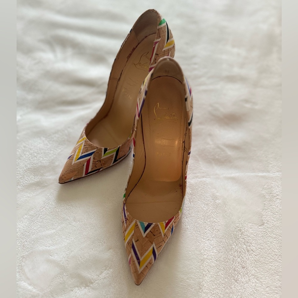 Christian Louboutin Multicolor Chevron Pointed-Toe Pumps with Tan Base